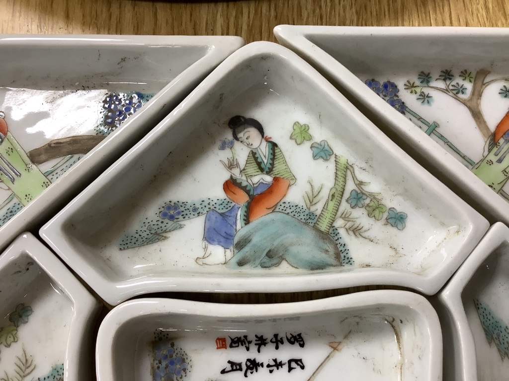 A Chinese famille rose nine piece supper set